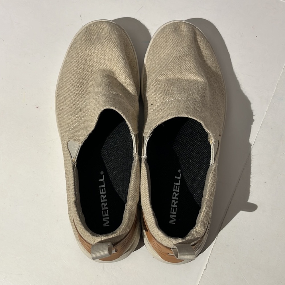 Merrell Womens Slip On Sneakers Shoes Linen Canvas Tan sz 8 summer cloth - Picture 6 of 10